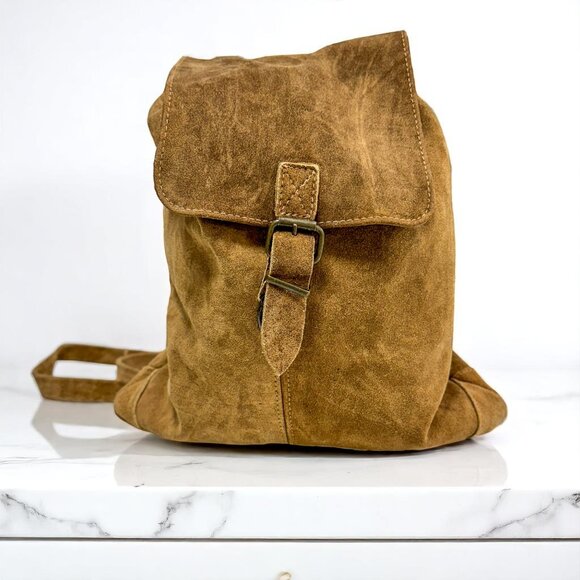 Vintage Brown Suede Backpack – Men’s Medium Bag, Casual Drawstring Style - Picture 3 of 11